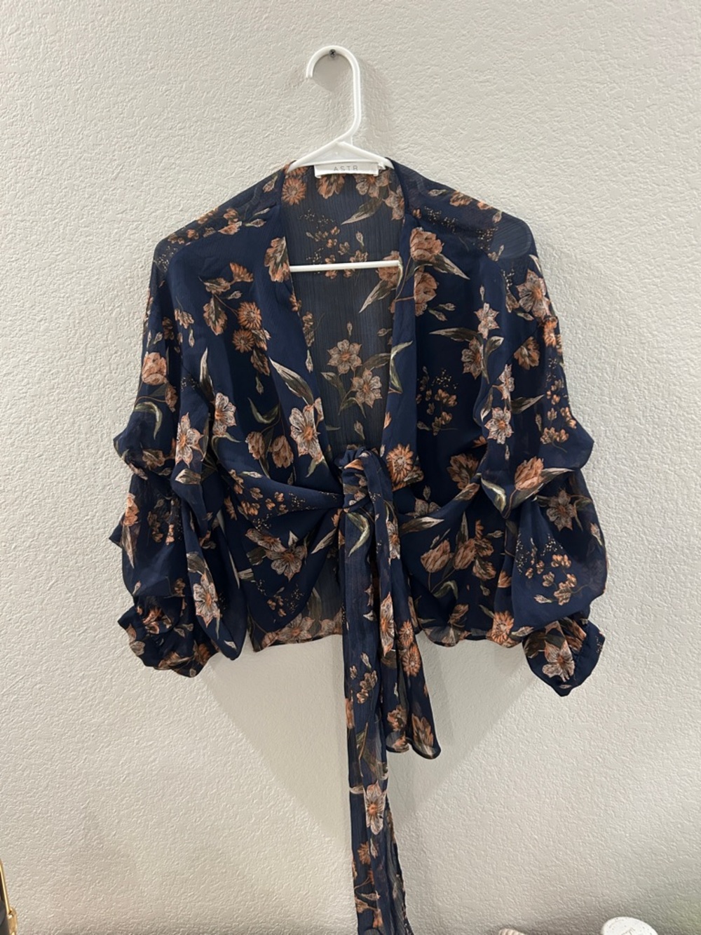 ASTR The Label Navy Floral Tie-Front Blouse with Tiered Sleeves Anthropologie